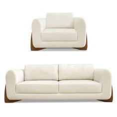 Kit Poltrona e Sofá Living 2 Lugares 1,80m Lottus Linho Pés Castanho -