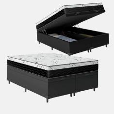 Cama Box Baú Queen 158 Bipartido Sintético Preto com Colchão Espuma D3