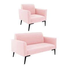 Sofá Namoradeira com Poltrona Pés Villach Marisa Suede Rosa Bebê D03 - D`Rossi
