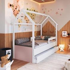 Cama Infantil Montessoriana com Cama Auxiliar 2 Colchões Branco/Rosa -