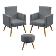 Kit 2 Poltronas Decorativas Estofada Nina e Puff Solar Com Rodapé Sued