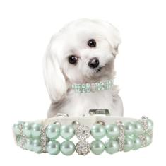 Coleira de pérola verde, coleiras de cristal chiques para cães médios, colar de pérolas para cães de luxo com contas para animais de estimação XXS Xs pequeno e médio, M