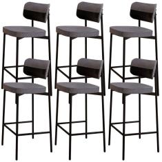 Kit 06 Banquetas Alta Bar Cozinha Sala De Jantar Aço Preto Kaira C01 Linho Cinza Courino Preto - Lyam Decor