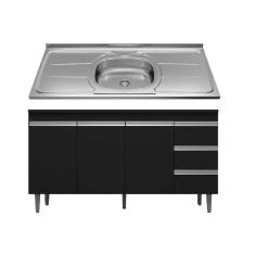 Armário Gabinete De Cozinha Com Tampo Pia Inox 160cm Preto Móveis Leartam