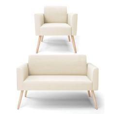 Sofá Namoradeira Com Poltrona Pés Palito Natural Marisa Veludo D03 - D\`rossi Cor Bege