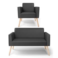 Sofá Namoradeira com Poltrona Pés Palito Natural Marisa material sinté