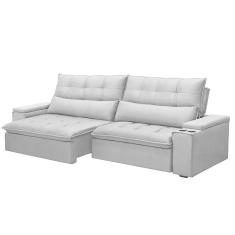 Sofá Retrátil E Reclinável 3 Lugares 210cm Robem Porta Copos No Braço Veludo Cinza G22 - Gran Belo