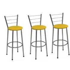 Kit 3 Banquetas Altas Cromada com Encosto Assento Amarelo