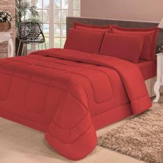 Kit Edredom Confort Casa Dona Dupla Face Casal Queen 6 Pçs com Lençol Vermelho