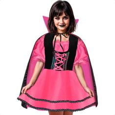 Fantasia Halloween Infantil Menina Vampira Gótica Com Capa Luxuosa - F