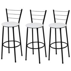 Kit 3 Banquetas Altas Preta com Encosto Assento Branco - Fortmix