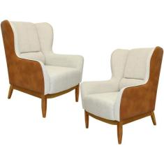 Kit 02 Poltronas Decorativa Base de Madeira Milena D02 Linho Bege A-18