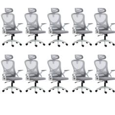 Kit 10 Cadeiras para Escritório Presidente Office Columbus com Tela Mesh Branco/Cinza