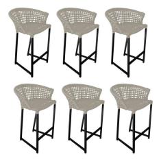 Kit 6 Banquetas Reis em Corda Náutica e Base em Alumínio Preta para Ár