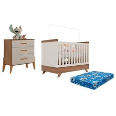 Berço Americano Retro Vitória E Cômoda Gaveteiro Infantil Emilly Off White Carvalho Com Colchão Ortobom - Canaã