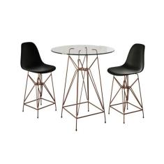 Jogo Mesa Bistrô Eames Eiffel Vidro 60cm 2 Banquetas Preta Base Ferro 
