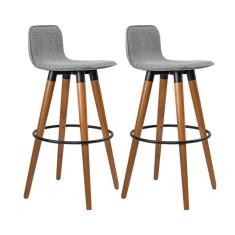 Kit 2 Banquetas Altas Luxo Versatil Aço Preto Linho Cinza Base Carvalho