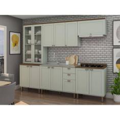 Cozinha Completa com Cristaleira e Balcão para Cooktop 100% MDF Iluminata Verde Mint/Ébano Fosco