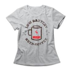 Camiseta Feminina Coffee Battery - Studio Geek, P, Mescla cinza