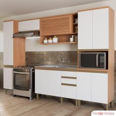 Cozinha Completa 10 Portas 3 Gavetas com Balcão de Pia Macadâmia Freijó/Branco