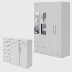 Conjunto de Guarda-Roupa Solteiro com Espelho 4 Portas 2 Gavetas Zeus e Cômoda Toronto Branco