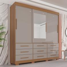 Guarda-roupa com Pés e Espelho Casal 3 Portas 9 Gavetas Luana