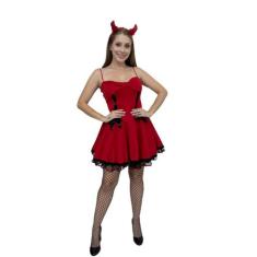 Fantasia Diabinha Luxo Adulto Feminina Halloween com Meia - Festalinda