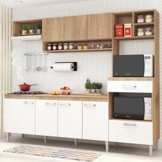 Cozinha Compacta Modulada com Tampo 8 Portas 1 Gaveta Inova Fellicci Carvalho/Branco