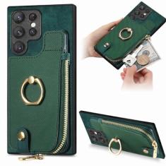 Capa de couro com suporte de anel de carteira para cartões com zíper para Samsung Galaxy A54 A34 A14 A53 A12 A23 5G S23 Ultra S22 S21 Plus capa de bolsa, verde, para Galaxy S23FE