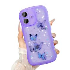 UEEBAI Capa Wave para iPhone 16 de 6,1 polegadas, linda capa brilhante com glitter para mulheres, linda capa de telefone brilhante para meninas, capa transparente com borboleta, ondulada, à prova de