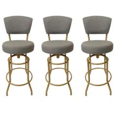 Kit 3 Banquetas Alta Bar Giratória com Encosto cor Dourado fosco Assen
