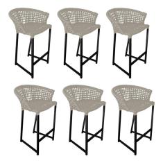 Kit 6 Banquetas Reis Em Corda Náutica E Base Em Alumínio Preta Para área Gourmet Externa Areia Bege