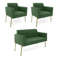 Sofá Namoradeira E 2 Poltronas Pé De Ferro Dourado Marisa Suede Verde D03