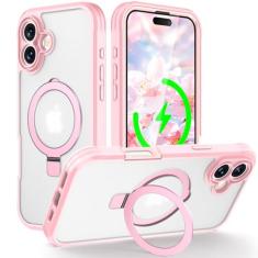 Dteck Capa para iPhone 16 Plus de 6,7 polegadas (2024), capa magnética transparente com película/suporte, compatível com acessório MagSafe, capa protetora à prova de choque, leve, fina, fofa, rosa