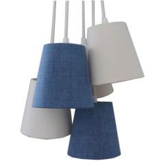 Lustre Pendente Luminária Cacho Tecidos Jeans Azul e Bege - Crie Casa