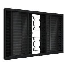 Janela De Aço Veneziana De Correr Central Com Grade Mosaico 6 Folhas 100x150cm Aço Pronto Riobras Preto