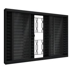 Janela De Aço Veneziana De Correr Central Com Grade Mosaico 6 Folhas 100x100cm Aço Pronto Riobras Preto