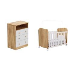 Quarto De Bebê Com Cômoda 3 Gavetas E Berço Americano 100% Mdf Teka Espresso Móveis Branco Brilho amêndoa