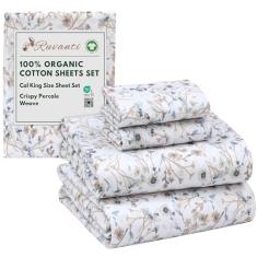 RUVANTI Lençóis 100% algodão orgânico California King, tecido percal, certificado GOTS, conjunto de 4 peças, bolso profundo 33 cm, fresco e respirável, roupa de cama macia e durável, Sábanas Algodón