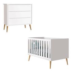 Berço Americano E Cômoda Gaveteiro Infantil Theo Branco Acetinado Com Pés Madeira Natural ? Reller