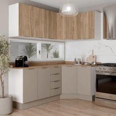 Cozinha Modulada 6 Peças com Tampo e Rodapé 3 Aéreos e 3 Balcões Ipanema Cabecasa Madeiramadeira Fendi Trama/acácia