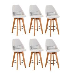 Kit 06 Banquetas Alta Maya Giratória Com Encosto Linho Bege Claro e Almofada Suede Branco - Aurora Line