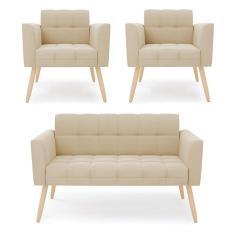 Kit 1 Sofá Namoradeira E 2 Poltronas Elisa Suede Bege Pés Palito Natural - D`rossi