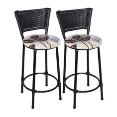 Kit 2 Banquetas Médias Preta com Encosto Junco Preto Assento Floral Ma