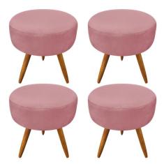 Kit 4 Puffs Banqueta Redonda Nina Suede Pés Palito Castanho - Pallazio