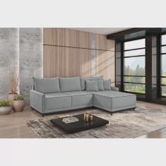 Sofá Linho 3 Lugares 264cm com Chaise Lado Direito e Kit Usb Barra