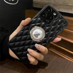 Capa de telefone luxuosa de couro com treliça de diamante para iPhone 15 11 12 13 14 Pro Max Plus Glitter Strass Hole Capa protetora de câmera, preta, para iPhone 13