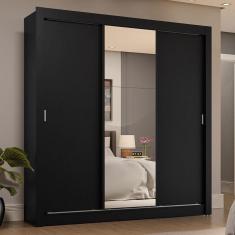Guarda-roupa Casal 3 Portas Correr Espelho 4 Gavetas Preto