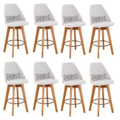 Kit 08 Banquetas Alta Maya Giratória Com Encosto Gourmet Linho Bege e 