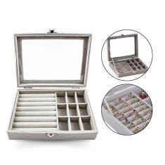 Kit 2 Porta Joia Maleta Luxo Camurça Tampa Acrílica Cinza